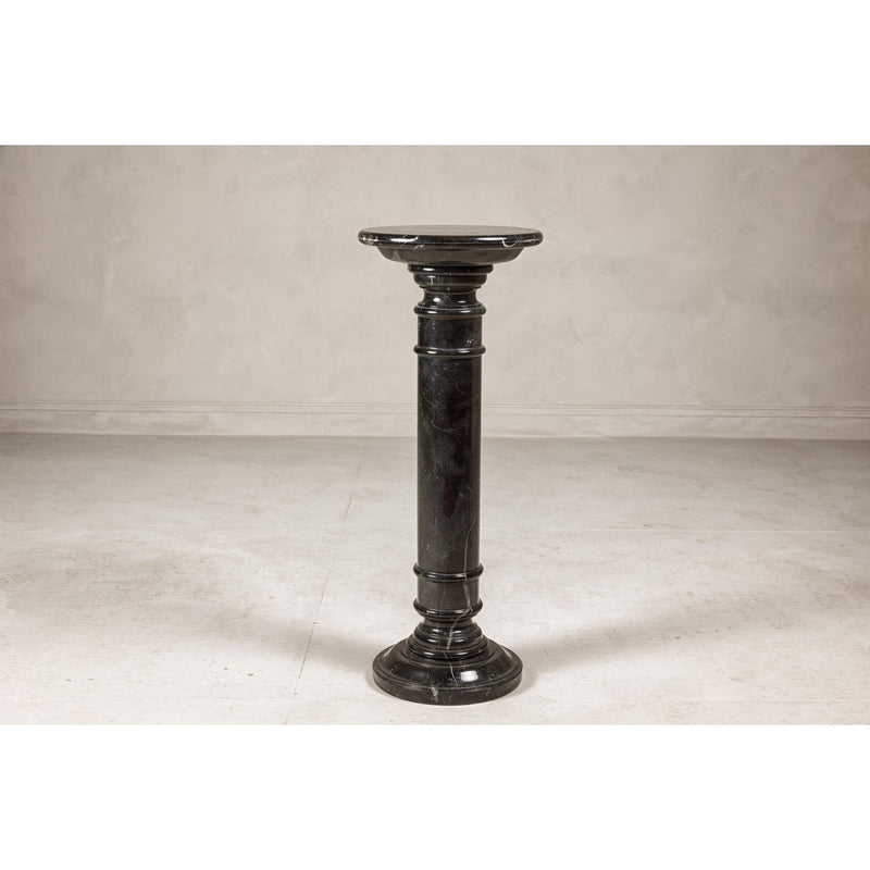 Vintage Black Marble Column Pedestal with White Veining and Stepped Base-YN8078-8. Asian & Chinese Furniture, Art, Antiques, Vintage Home Décor for sale at FEA Home
