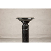 Vintage Black Marble Column Pedestal with White Veining and Stepped Base