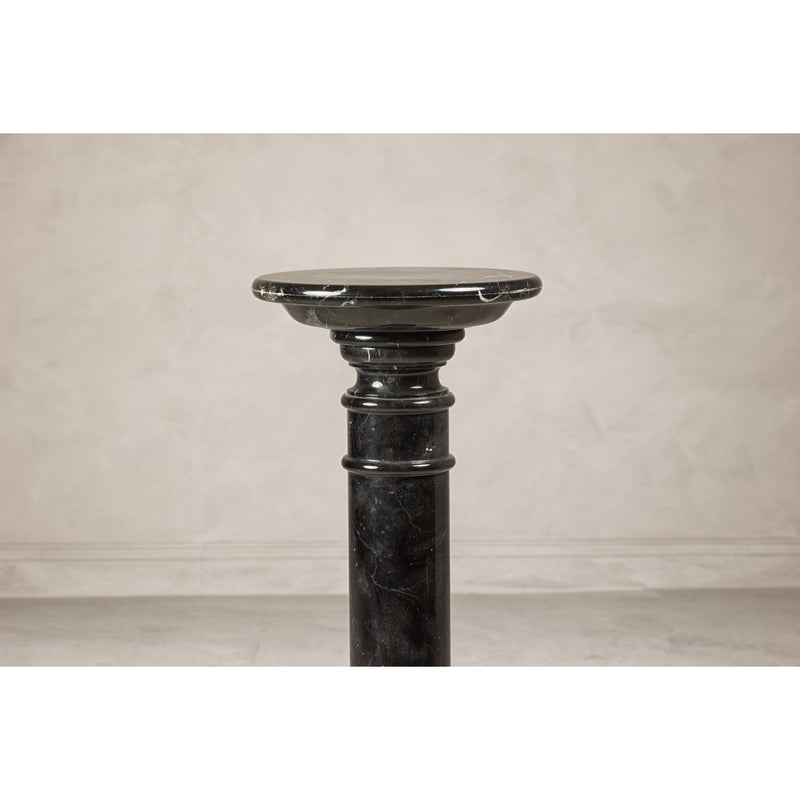 Vintage Black Marble Column Pedestal with White Veining and Stepped Base-YN8078-9. Asian & Chinese Furniture, Art, Antiques, Vintage Home Décor for sale at FEA Home
