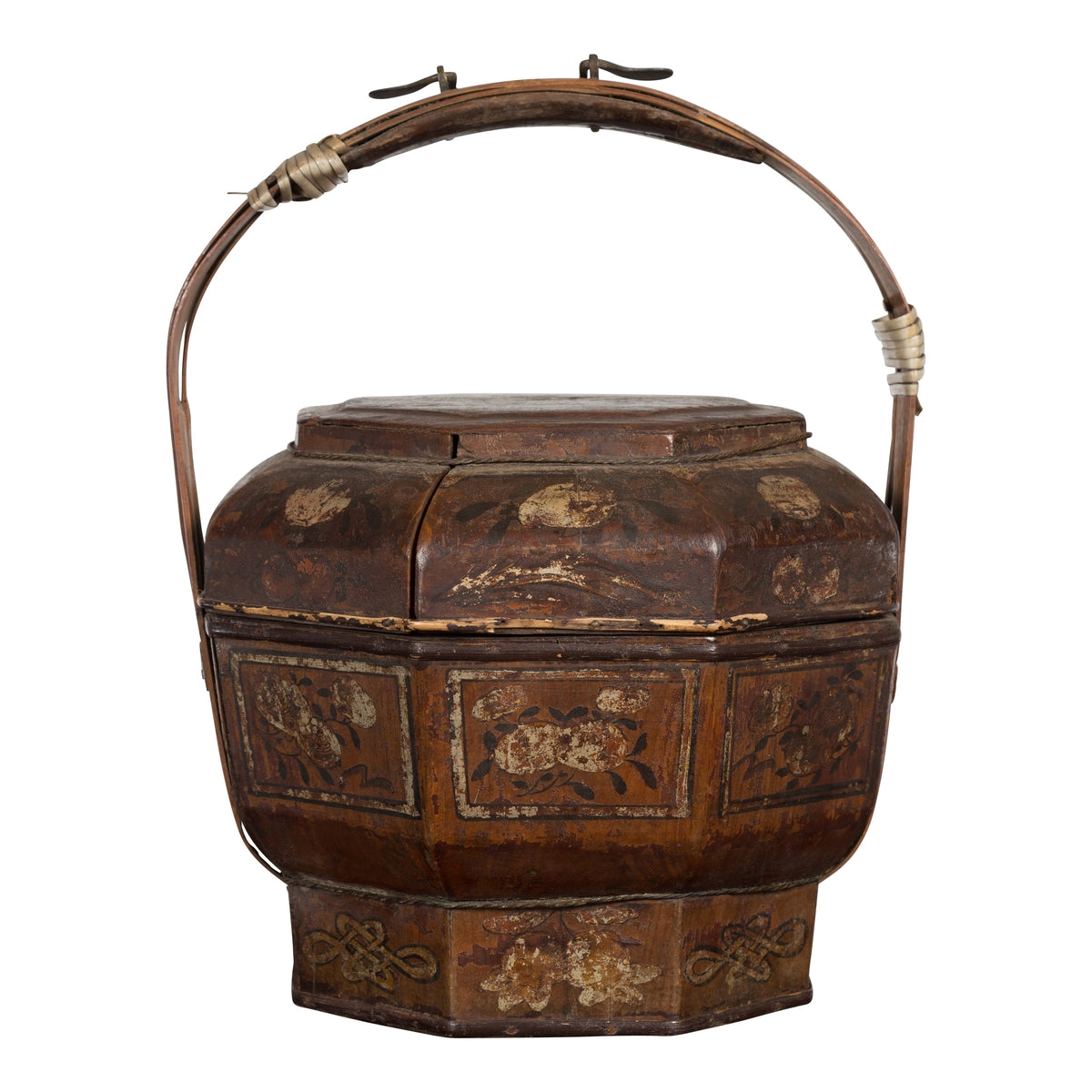 Chinese Antique Lacquered Gift Delivering Basket with Hand Painted Floral Décor-1. Asian & Chinese Furniture, Art, Antiques, Vintage Home Décor for sale at FEA Home