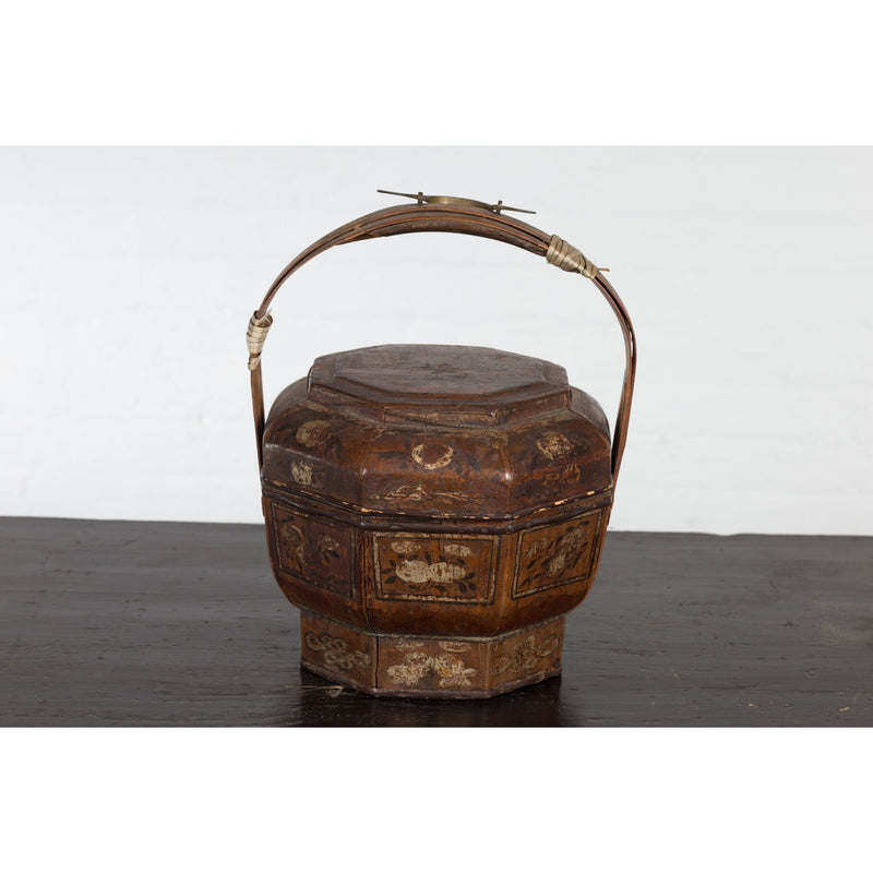 Chinese Antique Lacquered Gift Delivering Basket with Hand Painted Floral Décor-10. Asian & Chinese Furniture, Art, Antiques, Vintage Home Décor for sale at FEA Home