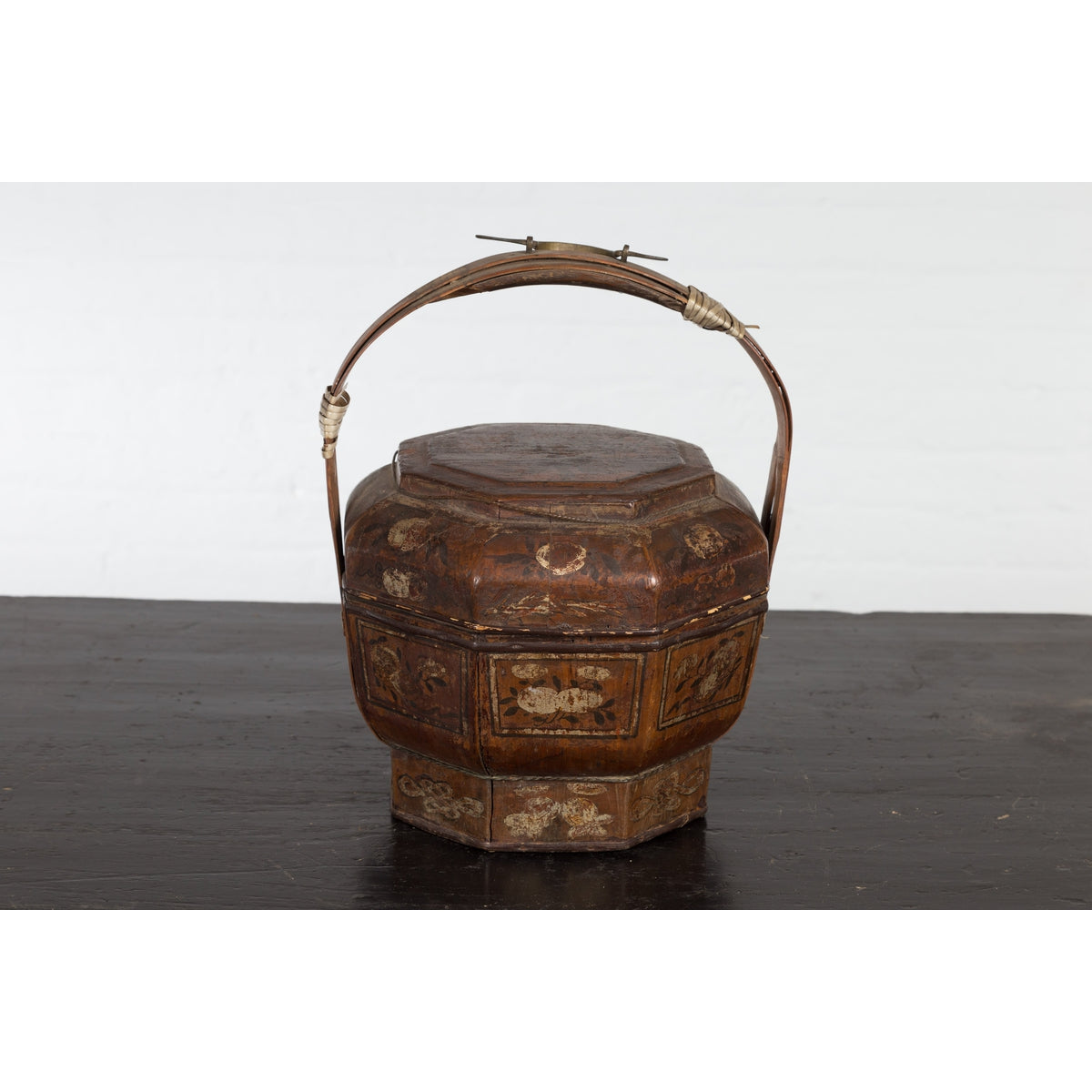 Chinese Antique Lacquered Gift Delivering Basket with Hand Painted Floral Décor-2. Asian & Chinese Furniture, Art, Antiques, Vintage Home Décor for sale at FEA Home