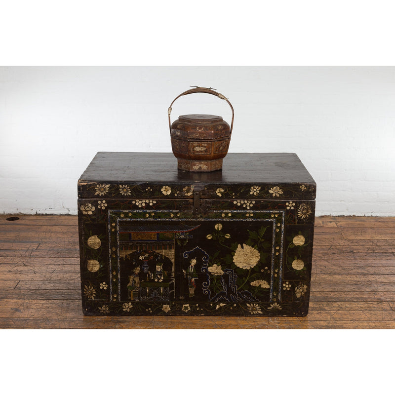 Chinese Antique Lacquered Gift Delivering Basket with Hand Painted Floral Décor-YN837-3. Asian & Chinese Furniture, Art, Antiques, Vintage Home Décor for sale at FEA Home