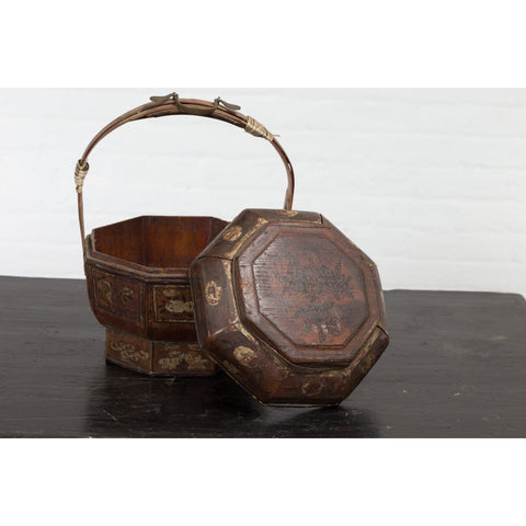 Chinese Antique Lacquered Gift Delivering Basket with Hand Painted Floral Décor-4. Asian & Chinese Furniture, Art, Antiques, Vintage Home Décor for sale at FEA Home