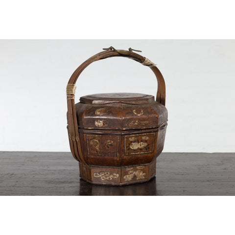 Chinese Antique Lacquered Gift Delivering Basket with Hand Painted Floral Décor-9. Asian & Chinese Furniture, Art, Antiques, Vintage Home Décor for sale at FEA Home
