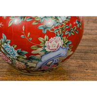 Kendi Style Midcentury Red Porcelain Vase with Hand-Painted Birds and Flowers