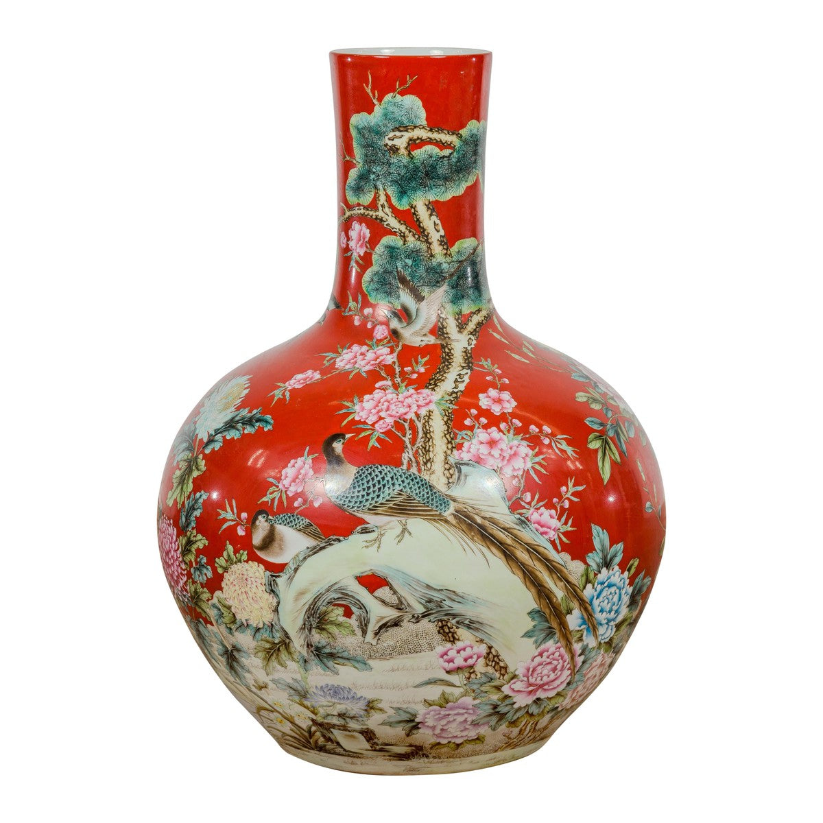 Kendi Style Midcentury Red Porcelain Vase with Hand-Painted Birds and Flowers-16. Asian &amp; Chinese Furniture, Art, Antiques, Vintage Home Décor for sale at FEA Home