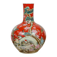 Kendi Style Midcentury Red Porcelain Vase with Hand-Painted Birds and Flowers