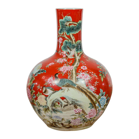 Kendi Style Midcentury Red Porcelain Vase with Hand-Painted Birds and Flowers-YNE188-16. Asian & Chinese Furniture, Art, Antiques, Vintage Home Décor for sale at FEA Home