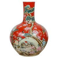 Kendi Style Midcentury Red Porcelain Vase with Hand-Painted Birds and Flowers