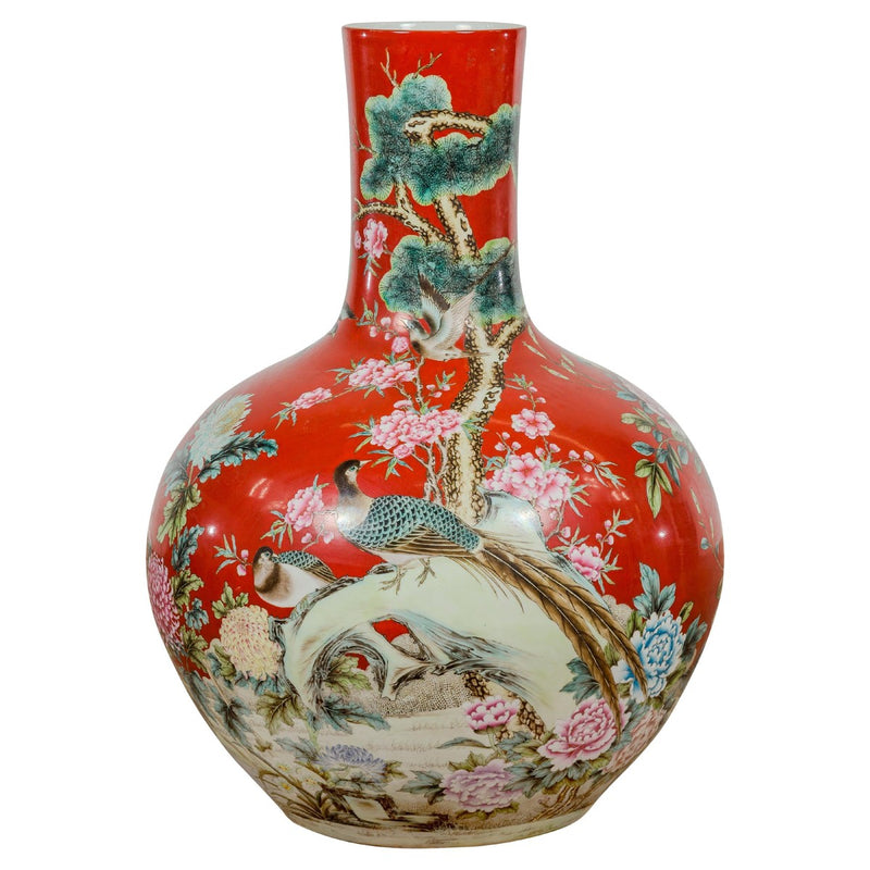 Kendi Style Midcentury Red Porcelain Vase with Hand-Painted Birds and Flowers-YNE188-1. Asian & Chinese Furniture, Art, Antiques, Vintage Home Décor for sale at FEA Home