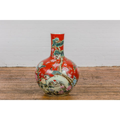 Kendi Style Midcentury Red Porcelain Vase with Hand-Painted Birds and Flowers-YNE188-2. Asian & Chinese Furniture, Art, Antiques, Vintage Home Décor for sale at FEA Home