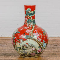 Kendi Style Midcentury Red Porcelain Vase with Hand-Painted Birds and Flowers