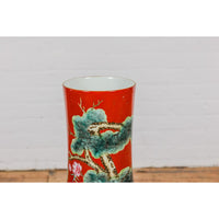 Kendi Style Midcentury Red Porcelain Vase with Hand-Painted Birds and Flowers