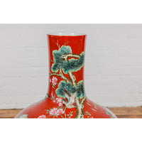 Kendi Style Midcentury Red Porcelain Vase with Hand-Painted Birds and Flowers