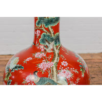 Kendi Style Midcentury Red Porcelain Vase with Hand-Painted Birds and Flowers