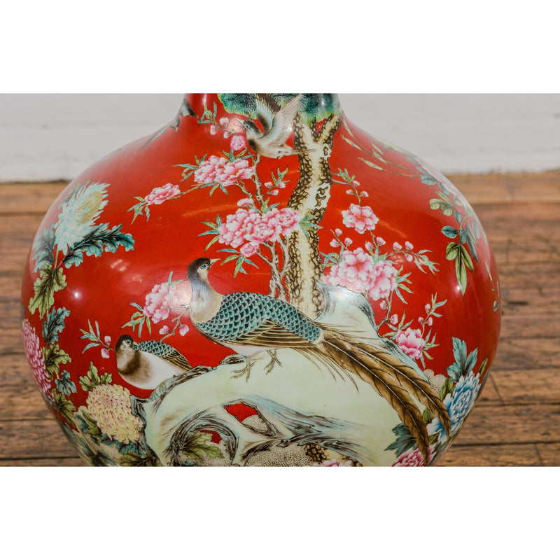 Kendi Style Midcentury Red Porcelain Vase with Hand-Painted Birds and Flowers-YNE188-7. Asian & Chinese Furniture, Art, Antiques, Vintage Home Décor for sale at FEA Home