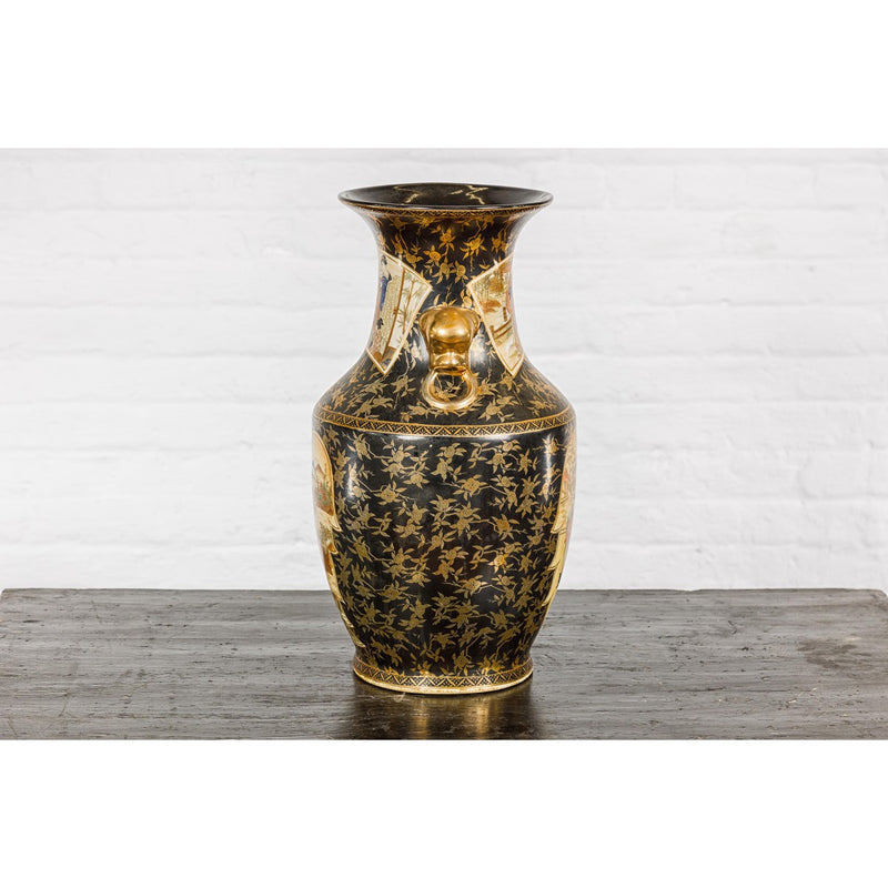 Inspired Black and Gold Vase with Family Scenes and Foo Dog Handles-YNE192-10. Asian & Chinese Furniture, Art, Antiques, Vintage Home Décor for sale at FEA Home