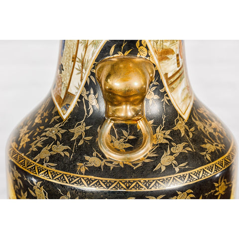 Inspired Black and Gold Vase with Family Scenes and Foo Dog Handles-YNE192-11. Asian & Chinese Furniture, Art, Antiques, Vintage Home Décor for sale at FEA Home