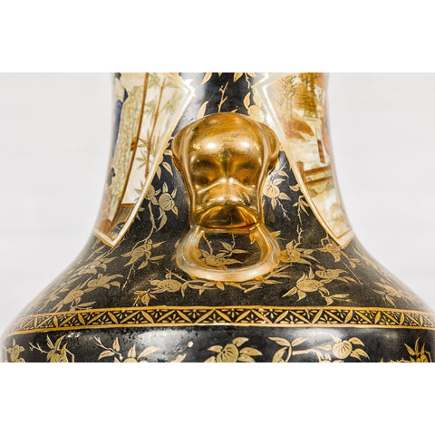 Inspired Black and Gold Vase with Family Scenes and Foo Dog Handles-YNE192-12. Asian & Chinese Furniture, Art, Antiques, Vintage Home Décor for sale at FEA Home