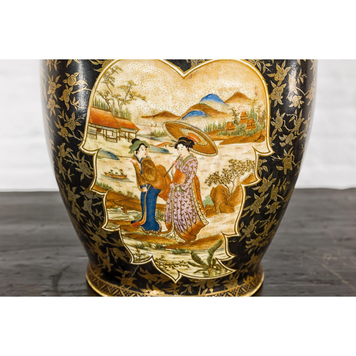 Inspired Black and Gold Vase with Family Scenes and Foo Dog Handles-15. Asian &amp; Chinese Furniture, Art, Antiques, Vintage Home Décor for sale at FEA Home