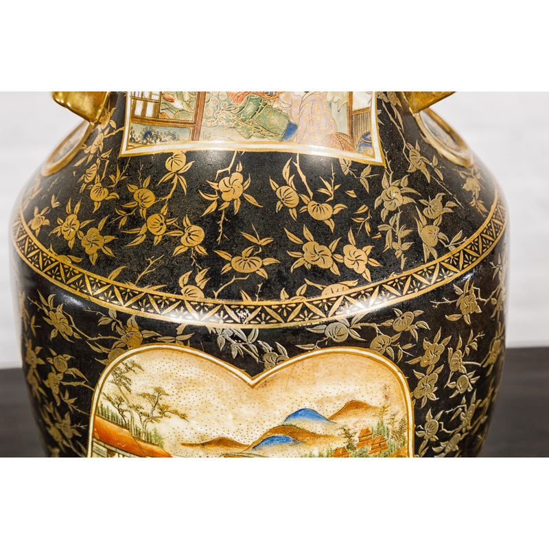 Inspired Black and Gold Vase with Family Scenes and Foo Dog Handles-YNE192-16. Asian & Chinese Furniture, Art, Antiques, Vintage Home Décor for sale at FEA Home