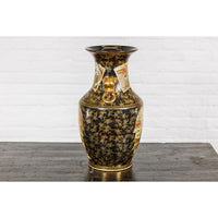 Inspired Black and Gold Vase with Family Scenes and Foo Dog Handles