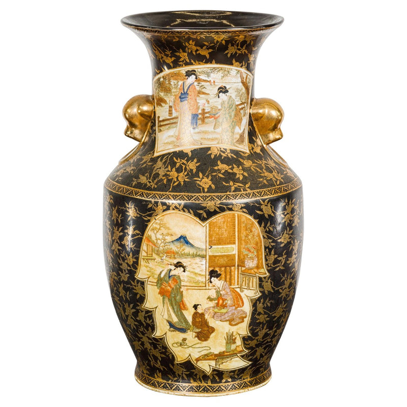 Inspired Black and Gold Vase with Family Scenes and Foo Dog Handles-YNE192-1. Asian & Chinese Furniture, Art, Antiques, Vintage Home Décor for sale at FEA Home