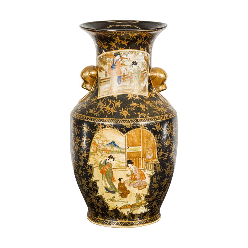 Inspired Black and Gold Vase with Family Scenes and Foo Dog Handles-YNE192-20. Asian & Chinese Furniture, Art, Antiques, Vintage Home Décor for sale at FEA Home
