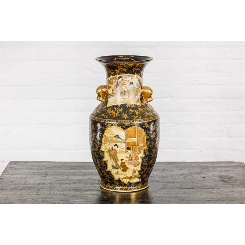 Inspired Black and Gold Vase with Family Scenes and Foo Dog Handles-YNE192-3. Asian & Chinese Furniture, Art, Antiques, Vintage Home Décor for sale at FEA Home