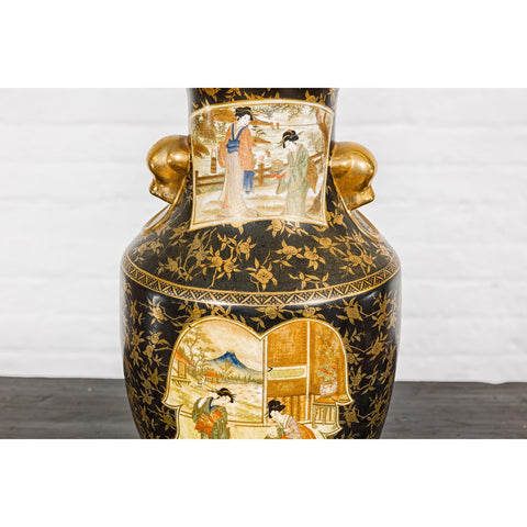 Inspired Black and Gold Vase with Family Scenes and Foo Dog Handles-YNE192-4. Asian & Chinese Furniture, Art, Antiques, Vintage Home Décor for sale at FEA Home