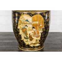Inspired Black and Gold Vase with Family Scenes and Foo Dog Handles