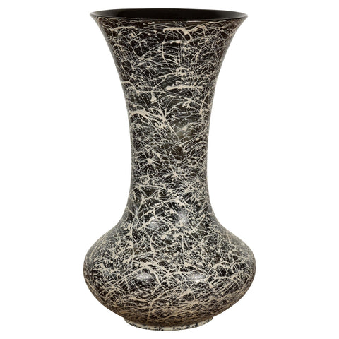 Trumpet Shaped Textured Black and White Splattered Ceramic Planter-YNE796-1-Unique Furniture-Art-Antiques-Home Décor in NY