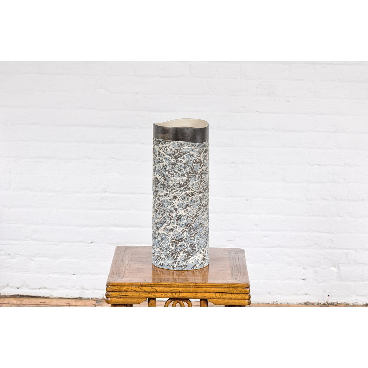 Textured Blue Gray, White, Brown and Black Spattered Ceramic Vase-12. Asian &amp; Chinese Furniture, Art, Antiques, Vintage Home Décor for sale at FEA Home