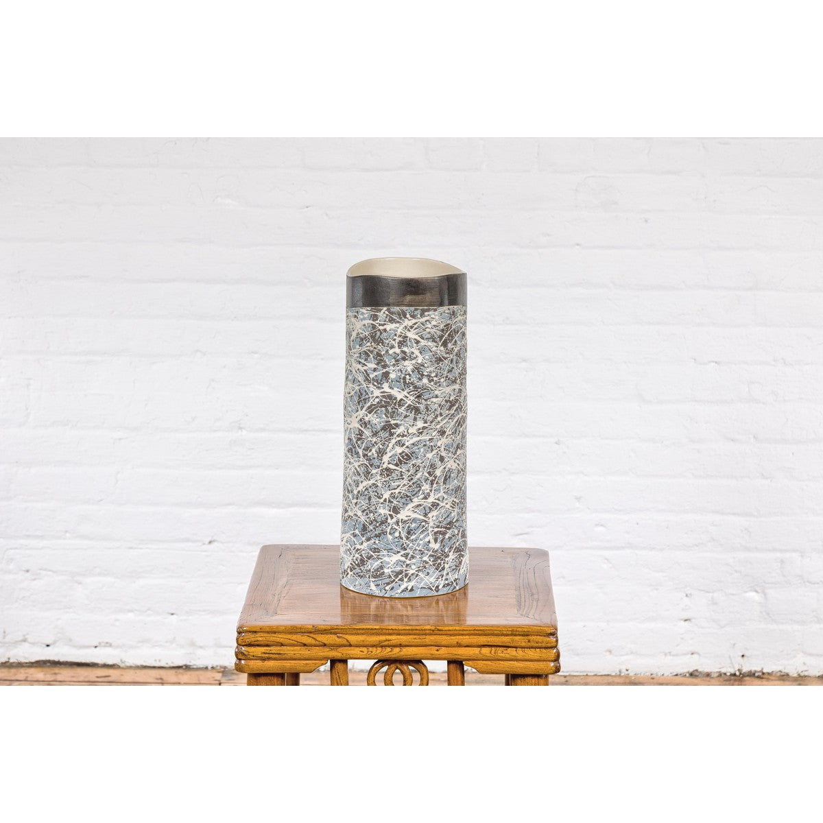 Textured Blue Gray, White, Brown and Black Spattered Ceramic Vase-13. Asian &amp; Chinese Furniture, Art, Antiques, Vintage Home Décor for sale at FEA Home