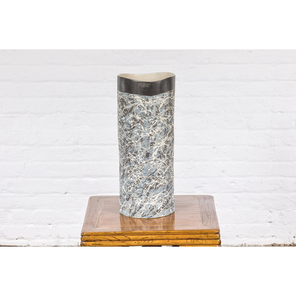 Textured Blue Gray, White, Brown and Black Spattered Ceramic Vase-14. Asian &amp; Chinese Furniture, Art, Antiques, Vintage Home Décor for sale at FEA Home