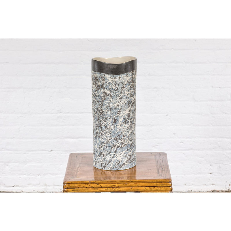 Textured Blue Gray, White, Brown and Black Spattered Ceramic Vase-YNE797-14. Asian & Chinese Furniture, Art, Antiques, Vintage Home Décor for sale at FEA Home