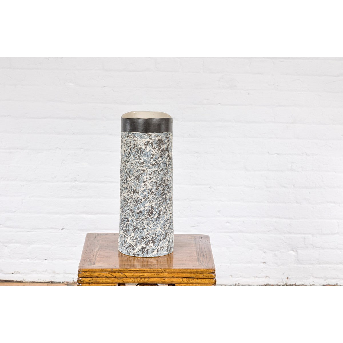 Textured Blue Gray, White, Brown and Black Spattered Ceramic Vase-15. Asian &amp; Chinese Furniture, Art, Antiques, Vintage Home Décor for sale at FEA Home