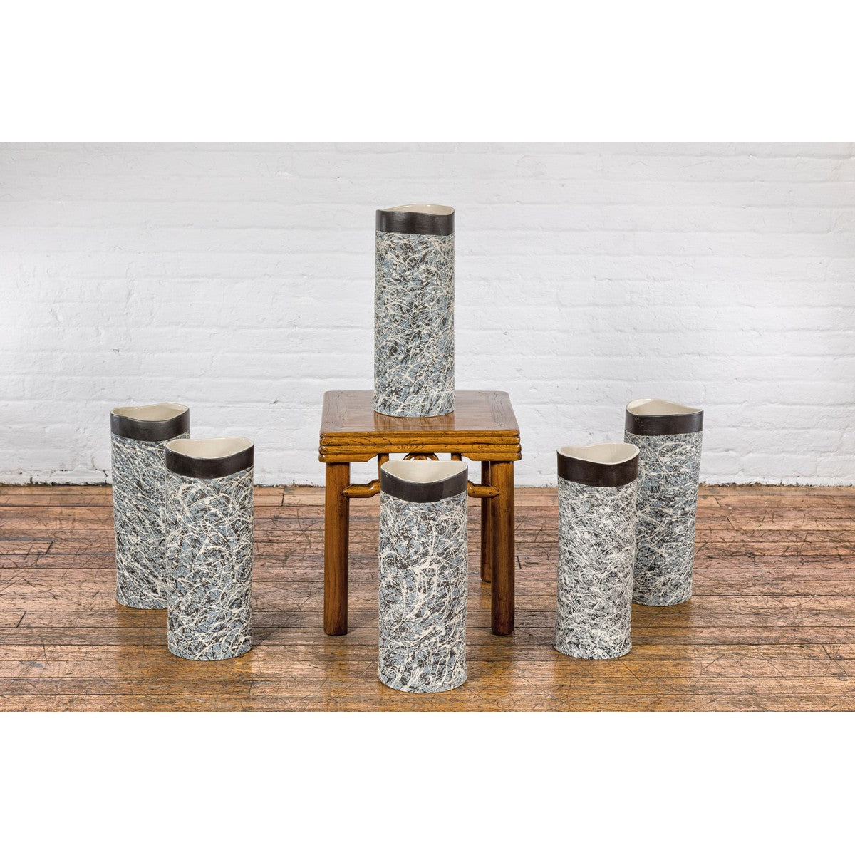 Textured Blue Gray, White, Brown and Black Spattered Ceramic Vase-3. Asian &amp; Chinese Furniture, Art, Antiques, Vintage Home Décor for sale at FEA Home