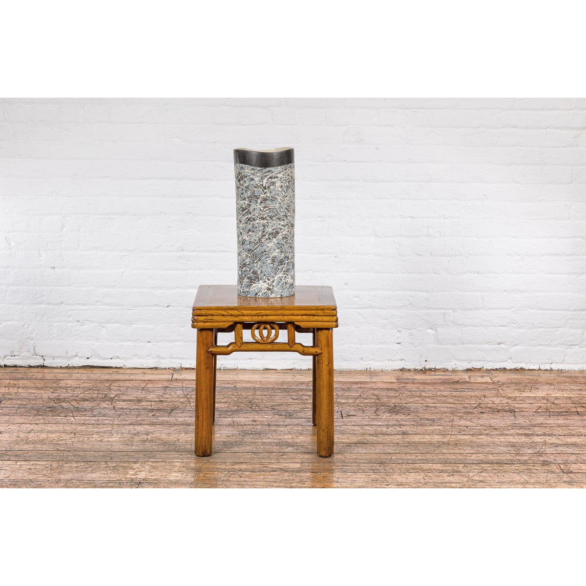 Textured Blue Gray, White, Brown and Black Spattered Ceramic Vase-4. Asian &amp; Chinese Furniture, Art, Antiques, Vintage Home Décor for sale at FEA Home