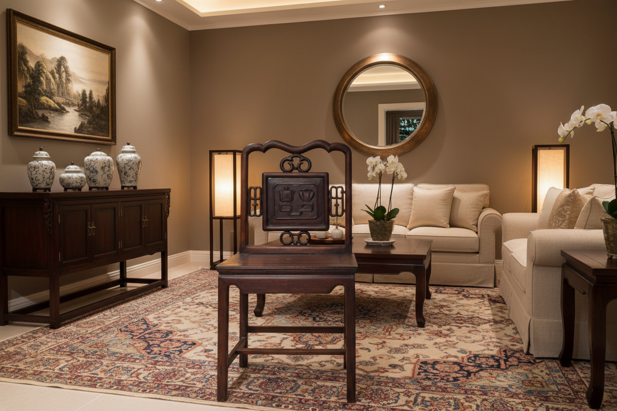 Living room with beige sofa, wooden chair, and decorative elements.