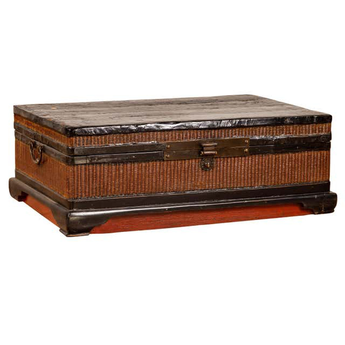Chinese 1900s Wooden Treasure Chest with Rattan Accents and Dark Brass Hardware-1. Asian & Chinese Furniture, Art, Antiques, Vintage Home Décor for sale at FEA Home