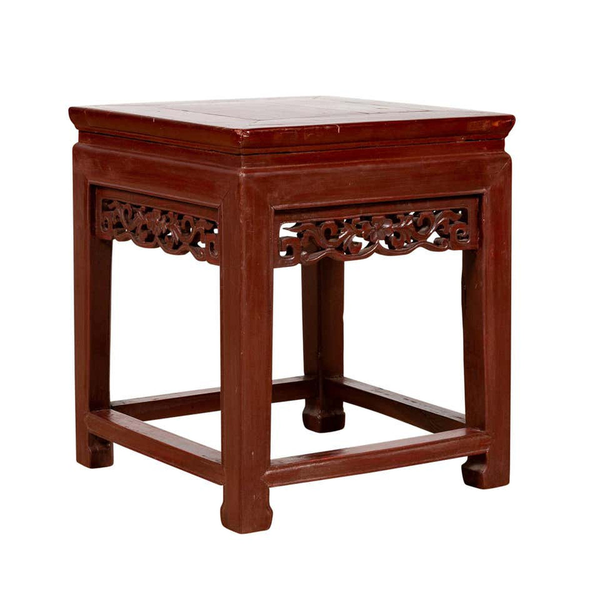 Vintage Chinese Side Table with Dark Red Patina and Foliage Hand Carved Apron-1. Asian & Chinese Furniture, Art, Antiques, Vintage Home Décor for sale at FEA Home