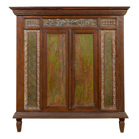 Large 19th Century Cabinet with Carved Floral Motifs and Distressed Verde Finish-YN6554-1. Asian & Chinese Furniture, Art, Antiques, Vintage Home Décor for sale at FEA Home