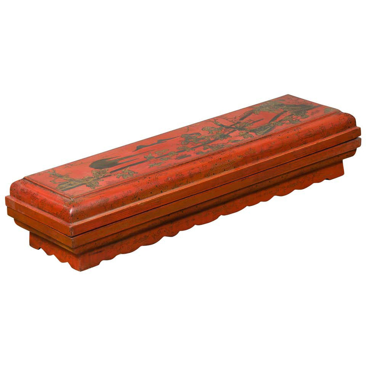 Chinese Qing Dynasty Red Lacquered Scroll Box with Distressed Gold Chinoiserie-1. Asian & Chinese Furniture, Art, Antiques, Vintage Home Décor for sale at FEA Home