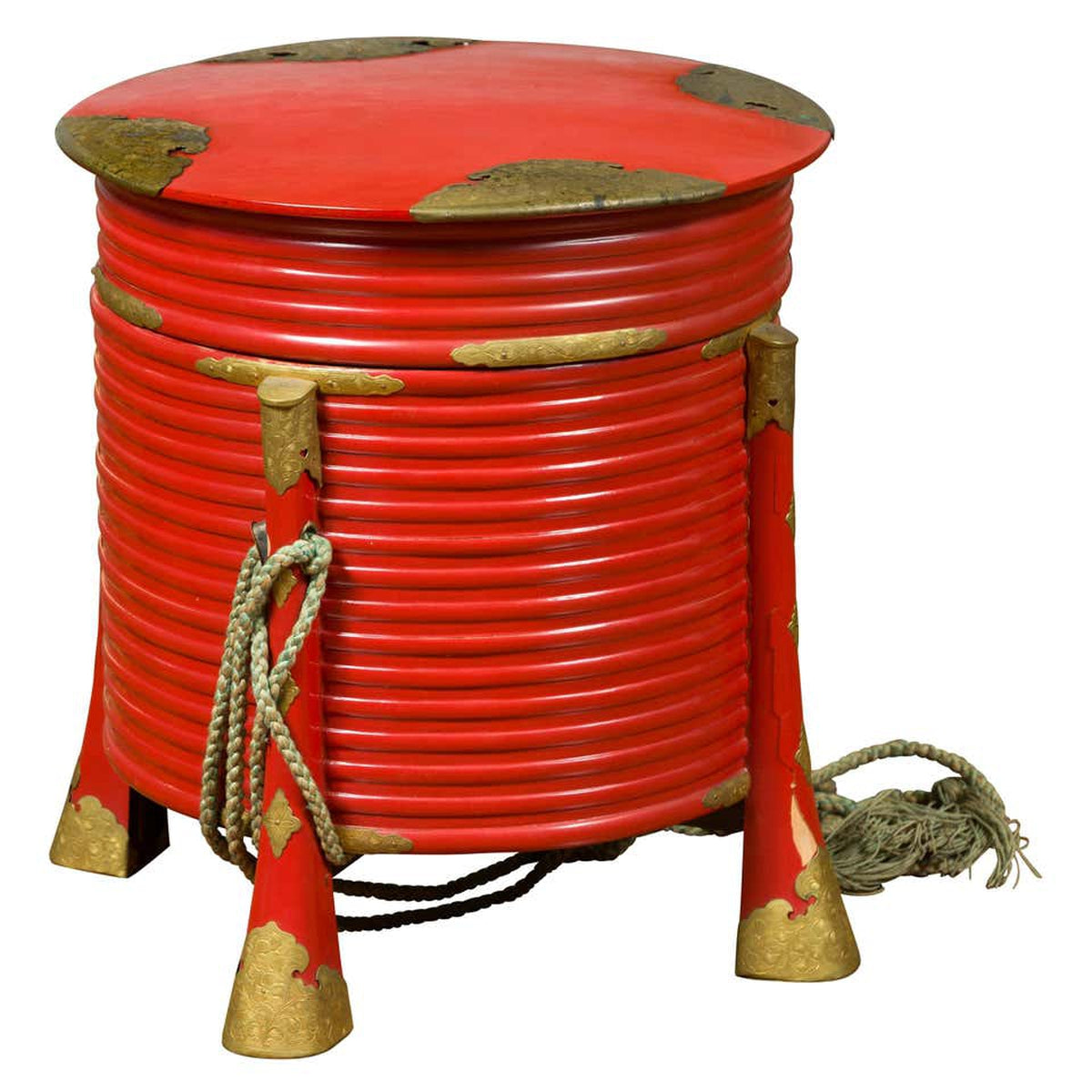 Japanese Taishō Red Lacquered Hokai Box with Brass Accents and Original Rope-1. Asian & Chinese Furniture, Art, Antiques, Vintage Home Décor for sale at FEA Home