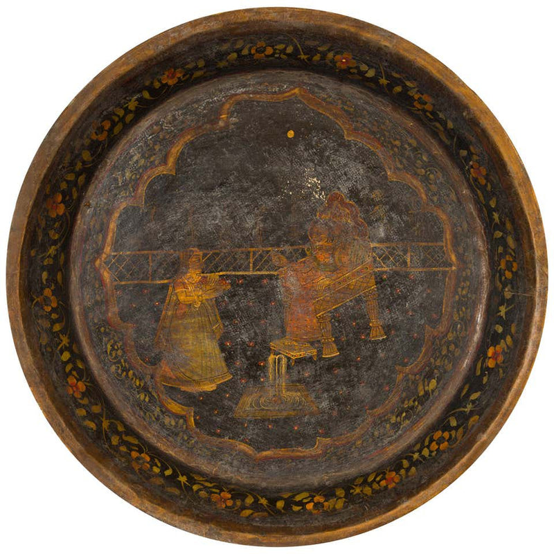 Antique Indian Market Tray with Mughal Inspired Hand Painted Décor-YN6794-1. Asian & Chinese Furniture, Art, Antiques, Vintage Home Décor for sale at FEA Home