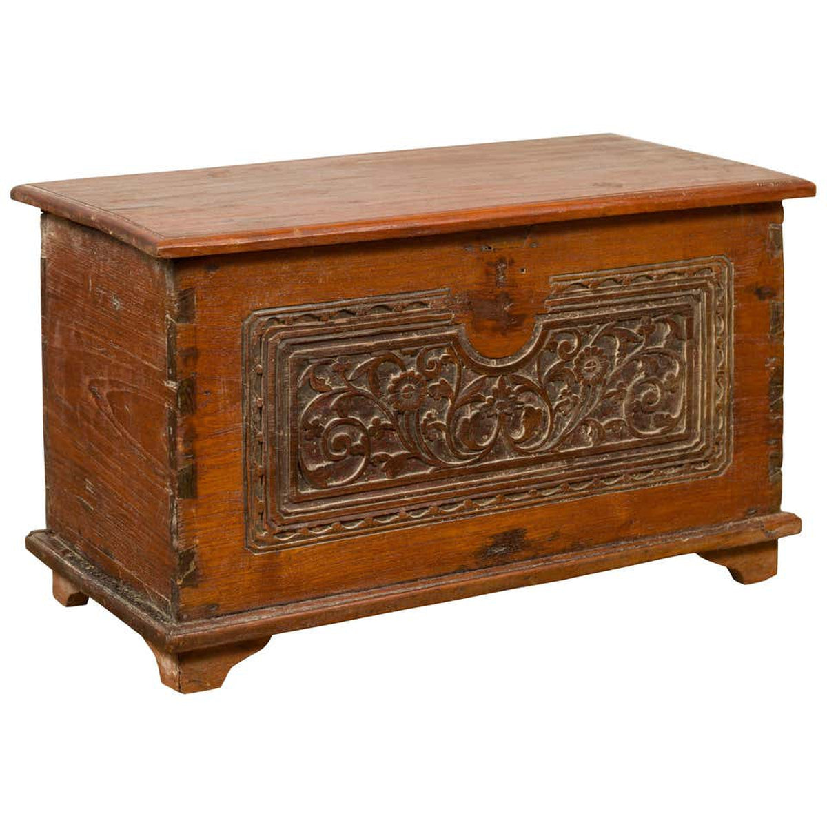 Indonesian Vintage Wooden Blanket Chest with Carved Foliage and Floral Motifs-1. Asian & Chinese Furniture, Art, Antiques, Vintage Home Décor for sale at FEA Home