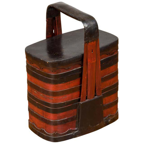 Chinese Red and Black Lacquered Tiered Lunch Box with Handle and Calligraphy-YN6737-1. Asian & Chinese Furniture, Art, Antiques, Vintage Home Décor for sale at FEA Home