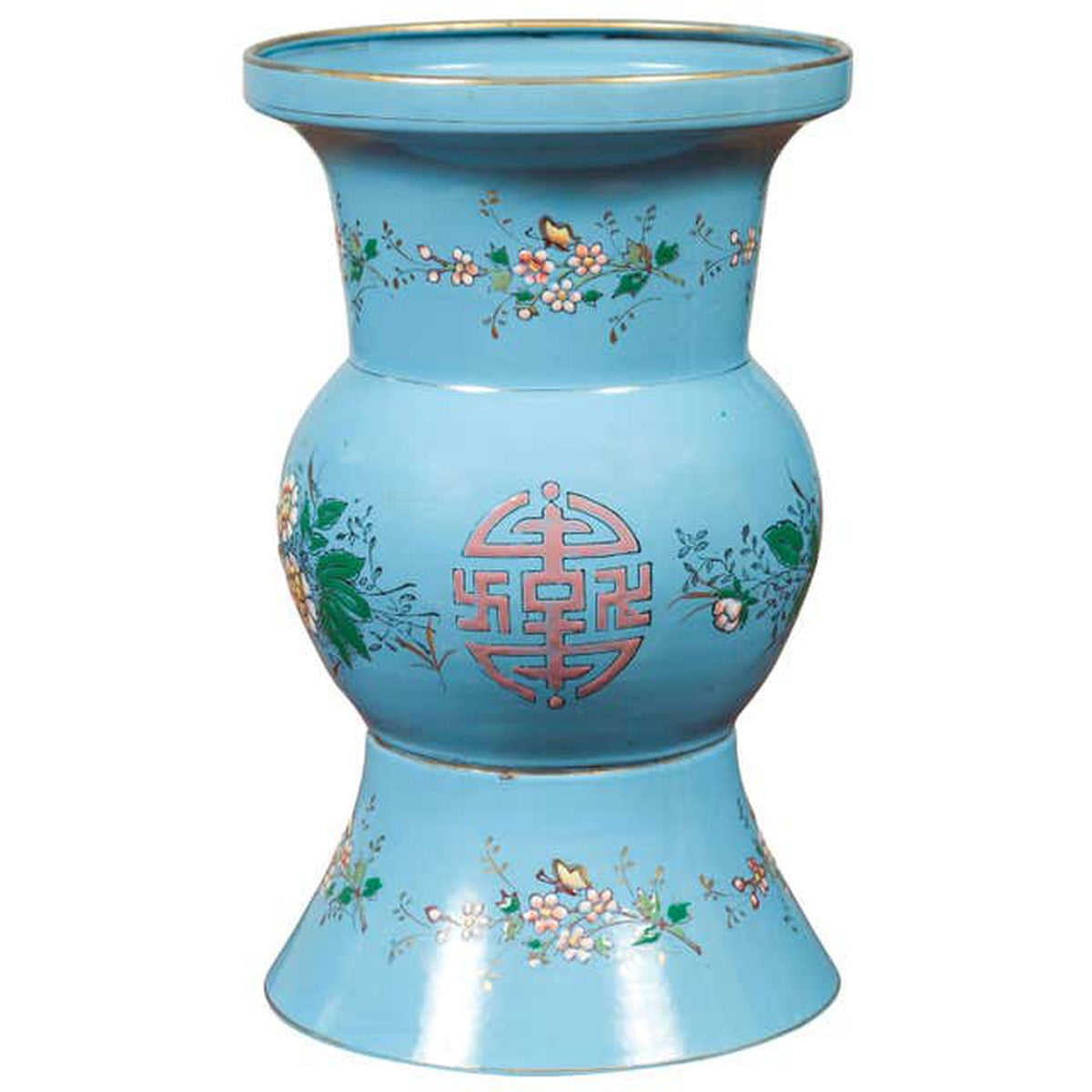 Vintage Chinese Hand Painted Blue Metal Vase with Calligraphy and Floral Décor-1. Asian & Chinese Furniture, Art, Antiques, Vintage Home Décor for sale at FEA Home